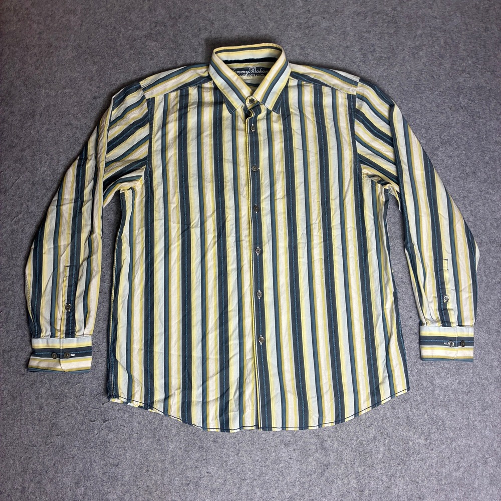 Tommy Bahama Denim Shirt Mens Large Yellow Blue Striped Long Sleeve Excellent